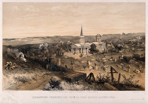 view Crimean War: quarantine cemetery and church with a French battery. Tinted lithograph by J. Needham, 1856, after W. Simpson.