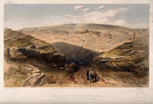 view Crimean War: ambulancemen carrying the wounded in the Valley of the Shadow of Death. Coloured lithograph by J. Needham, 1855, after W. Simpson.