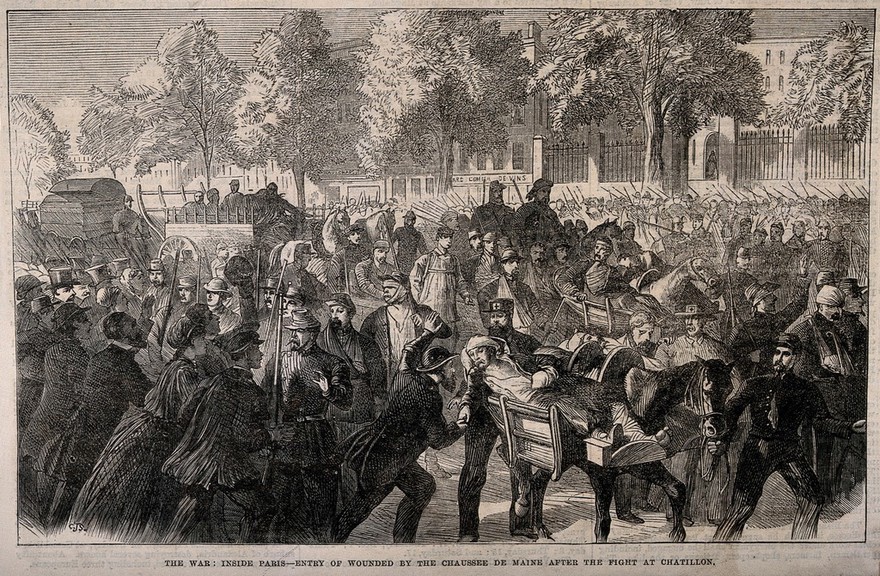 Franco-Prussian War: the wounded entering Paris after the Battle at Châtillon. Wood engraving by C.J.Staniland.