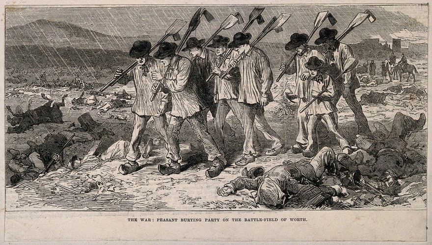 Franco-Prussian War: peasants going to bury the dead from the Battle of Worth. Wood engraving.