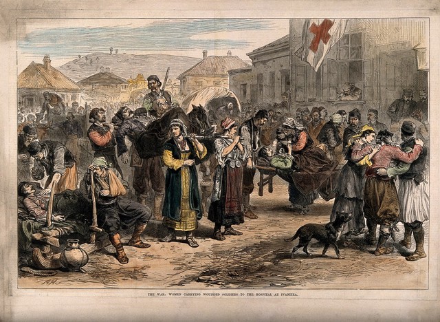 Franco-Prussian War: women carrying wounded soldiers to hospital at Ivanitza. Coloured wood engraving by A.H.