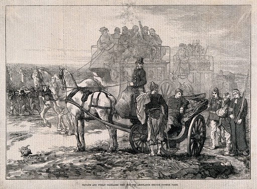 Franco-Prussian War: the use of private and public carriages as ambulances. Wood engraving by W.J. Palmer after G.U. Régamey.