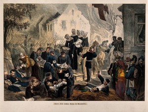 view Franco-Prussian War: wounded being treated at  Rezonville. Coloured wood engraving by Xylographisches Institut von A. Closs.