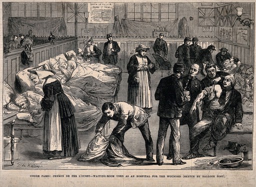 Franco-Prussian War: showing a waiting room at Chemin de Fer l'Ouest used as a hospital. Wood engraving by P. de Kartow.
