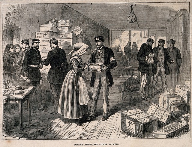 Franco-Prussian War: british ambulance stores at Metz. Wood engraving.