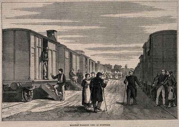 Franco-Prussian War: the use of railway carriages as hospitals. Wood engraving by P. de Kartow.