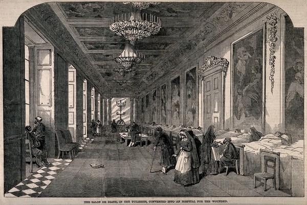 Franco-Prussian War: Galerie de Diane, Tuileries Palace, shown as a hospital ward for the wounded. Wood engraving by Smyth, 187-.