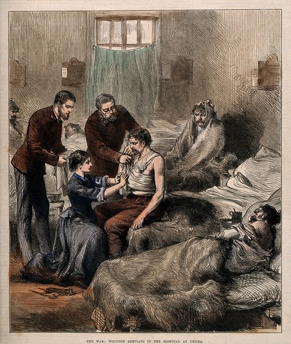 Franco-Prussian War: a nurse treating wounded servians in an Usicza hospital. Coloured wood engraving.
