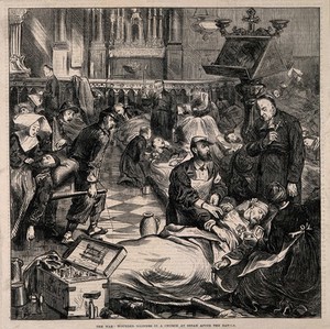 view Franco-Prussian War: wounded soldiers being treated in a church in Sedan. Wood engraving by J. Swain after F. Barnard, 1870.