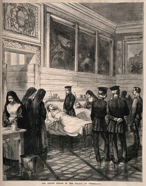 view Franco-Prussian War: Crown Prince Frederick touring wounded soldiers at Versailles. Wood engraving.