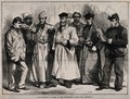 view Franco-Prussian War: convalescent soldiers in Bordeaux. Wood engraving by G.P., ca.1870.
