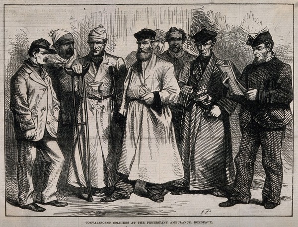 Franco-Prussian War: convalescent soldiers in Bordeaux. Wood engraving by G.P., ca.1870.