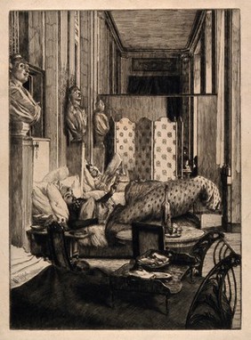 Franco-Prussian War: soldiers convalescing in the Palais Royale Military hospital. Etching by H. Tissot, 1870.