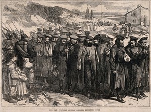view Franco-Prussian War: wounded German soldiers on their way home from France. Wood engraving.