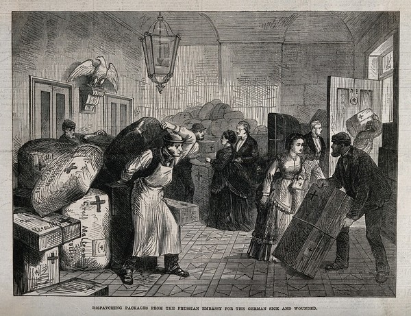 Franco-Prussian War: war relief packages to wounded German soldiers from the Prussian Embasssy. Wood engraving.
