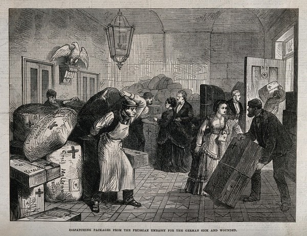 Franco-Prussian War: war relief packages to wounded German soldiers from the Prussian Embasssy. Wood engraving.