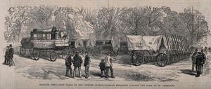 view Franco-Prussian War: English ambulance services encamped outside the Park of St. Germain, Paris. Wood engraving.