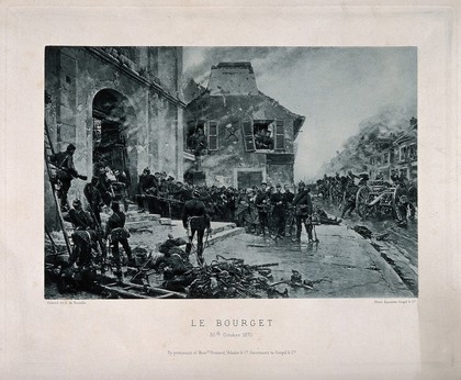 Franco-Prussian War: Jean-Eugène Brasseur, commander of the French soldiers at Le Bourget who had resisted the Prussian attack, being removed from the church of Saint-Nicolas after the Prussian victory. Photogravure by Goupil & Co., 1879, after A. de Neuville.