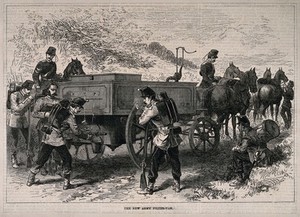 view Franco-Prussian War: soldiers using the new army filter-van. Wood engraving.