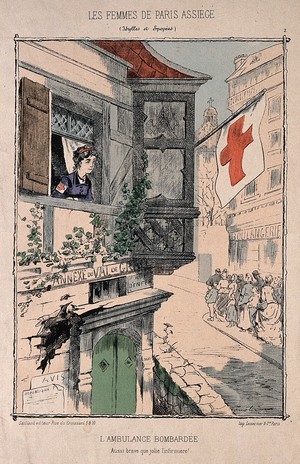 view Franco-Prussian War: a nurse looking out of a window at the queues for bread during the siege of Paris. Coloured transfer lithograph by F. Betbeder, ca. 1871.