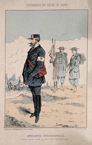 view Franco-Prussian War: foreign ambulance staff in the Siege of Paris. Coloured transfer lithograph by Draner (J. Renard), 1871.