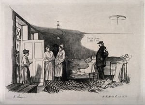 view Franco-Prussian War: hospital ward, Dieulouard. Etching by A. Lançon, 1870.