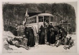 view Franco-Prussian War: ambulancemen collecting the wounded and dead at Champigné. Etching by A. Lançon, 1870.