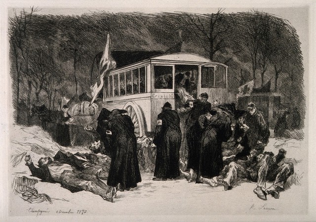 Franco-Prussian War: ambulancemen collecting the wounded and dead at Champigné. Etching by A. Lançon, 1870.