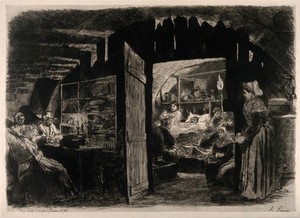 view Franco-Prussian War: a family keeping vigil around a patient's bed while other soldiers convalesce in another room. Etching by A. Lançon, 1871.