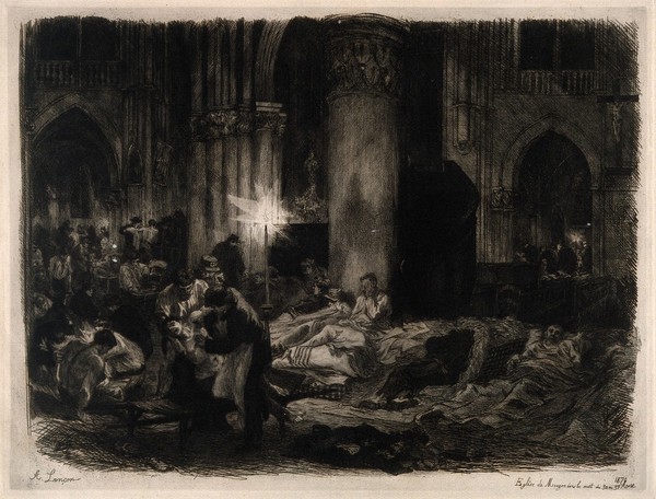 Franco-Prussian War: wounded soldiers being treated in the church at Mouzon n the Ardennes. Etching by A. Lançon, 1870.
