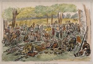 view Serbo-Bulgarian War: the field hospital at Greovatz. Coloured wood engraving.