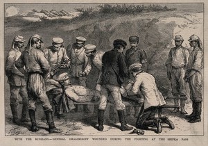 view Serbo-Bulgarian War: the Russian General Dragomirov being treated for his wounds. Wood engraving.