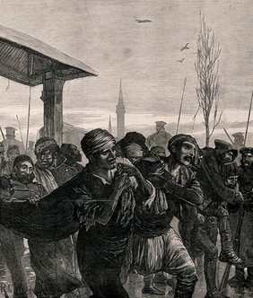 Serbo-Turkish War: removal of wounded. Wood engraving by W. P. after R.C. Woodville, 1878.