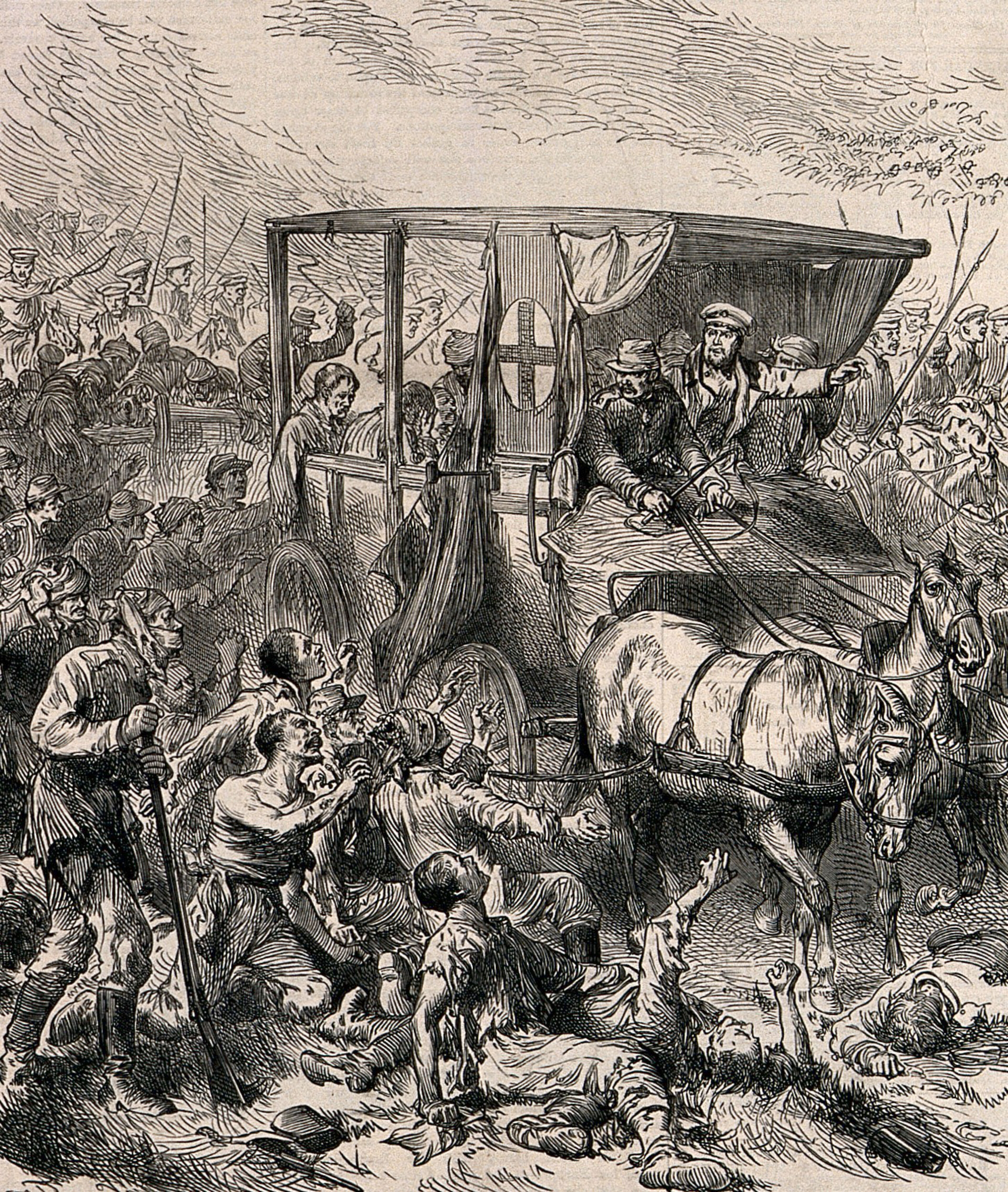 Serbo-Bulgarian War: wounded Russian soldiers begging ambulance men to be taken away from the battlefield. Wood engraving.