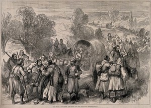 view Russo-Turkish War: wounded and sick being taken to Cernavodă, Romania. Wood engraving, 1877.