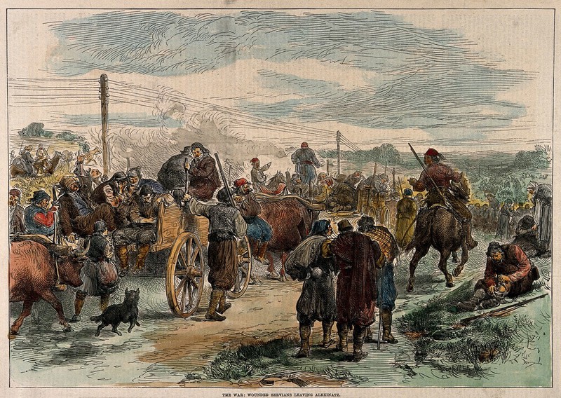 SerboTurkish War wounded servians leaving Alexinatz. Coloured wood