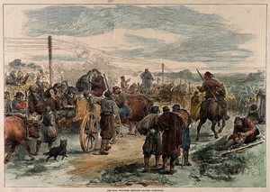 view Serbo-Turkish War: wounded Serbian soldiers leaving Aleksinac. Coloured wood engraving after A.C. Corbould, 1876.