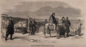 view Crimean War: arrival of wounded at Kalafat from Citate. Wood engraving.