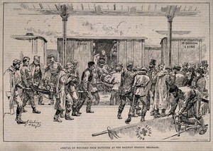 view Serbo-Bulgarian War: arrival of wounded to Belgrade from Slivnitza. Wood engraving by J.N. Schönberg, 1885.