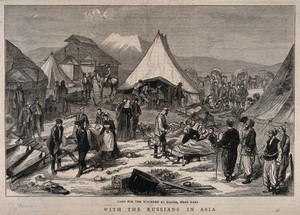 view Serbo-Turkish War, Turkey: hospital camp at Magra near Kars. Wood engraving by H. Harral after G. Broling, 1877.