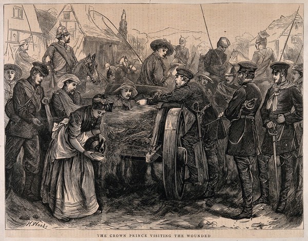 Franco-Prussian War: the Crown Prince visiting the wounded. Wood engraving by H. Woods.