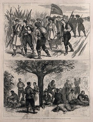 view Serbo-Bulgarian War: two sketches showing volunteers on their way to the front and hospital camp. Wood engraving by J. Nash.