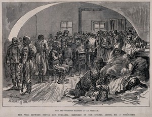 view Serbo-Bulgarian War: sick and wounded at Ak Palanka. Wood engraving by E. Gascoine after J. Schönberg, 1885.