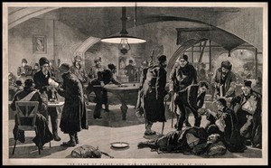 view Serbo-Bulgarian War: a café scene in Nisch where soldiers and the wounded are at leisure. Wood engraving.