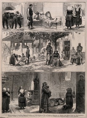 Serbo-Turkish War: series of sketches including the convalescent hospital, the Chapel at Lazare and prisoners of war. Wood engraving.