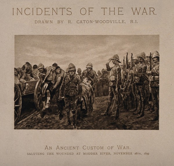 Boer War: soldiers saluting the wounded off the battlefield at Modder River, 1899. Process print after R. Caton-Woodville, 1899.
