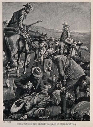 view Boer War: Boers tending the wounded British at Magersfontein. Process print after A. Ball.