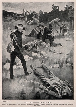 view Boer War: Boer soldiers tending the injured British soldiers and also robbing the dead. Process print after J. Greig.