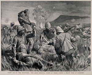 view Boer War: first aid to the wounded on the battlefield at Colenso. Process print after J.J. Waugh.