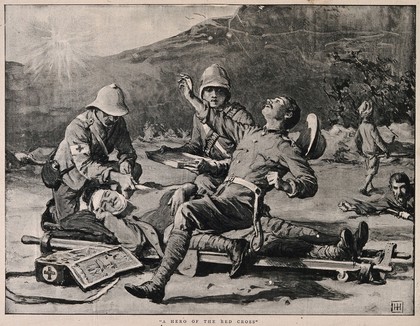 Boer War: a Red Cross workber being shot in the line of duty while attending a patient. Process print by H.H.